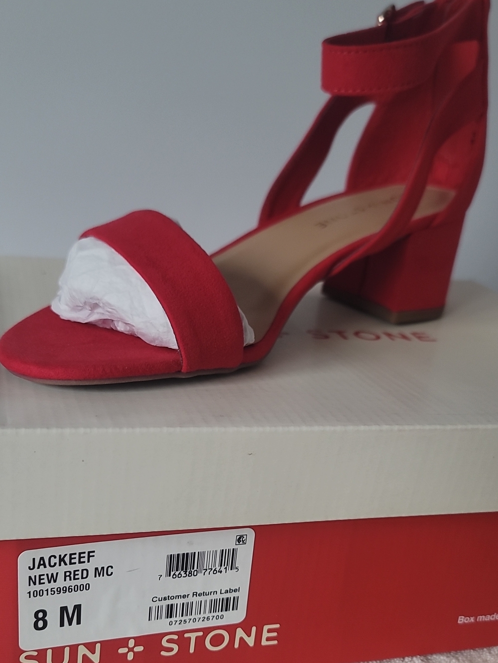 Sun + Stone Red Block Heel Sandal with Ankle Strap